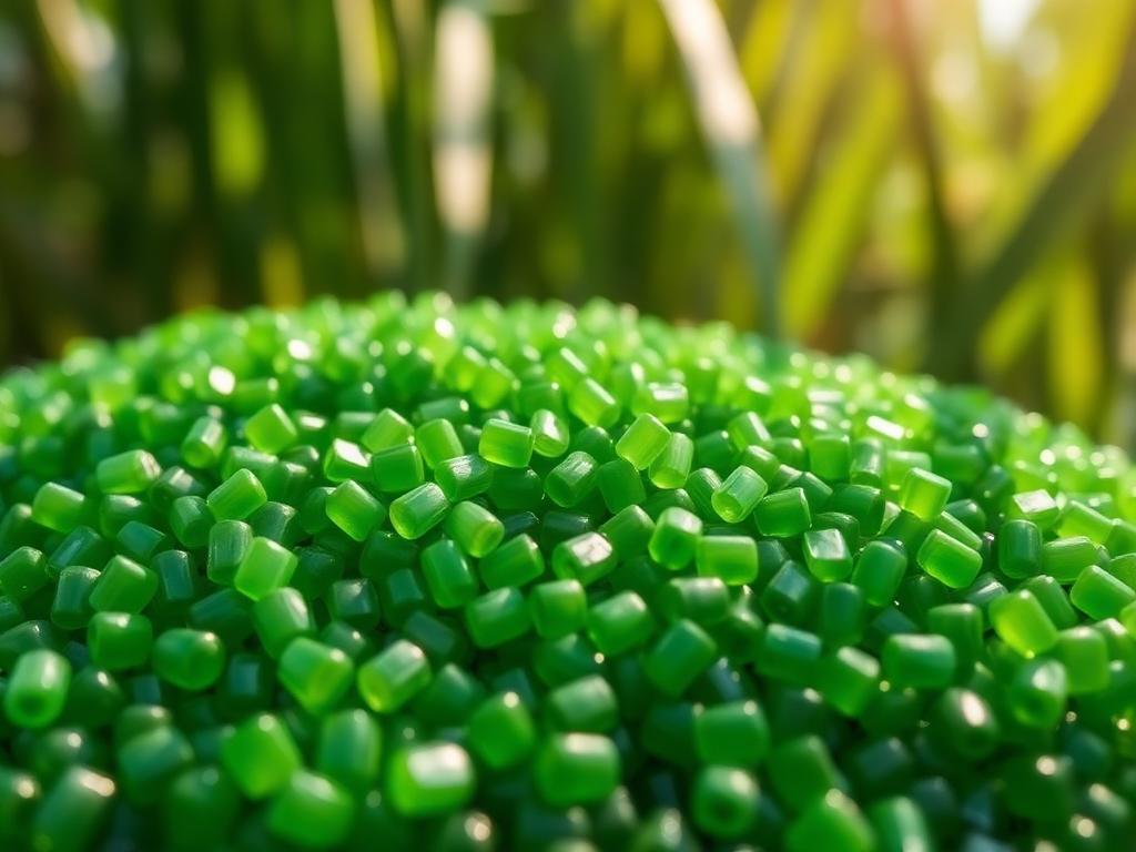 Pellets de polietileno verde em campo de cana-de-açúcar